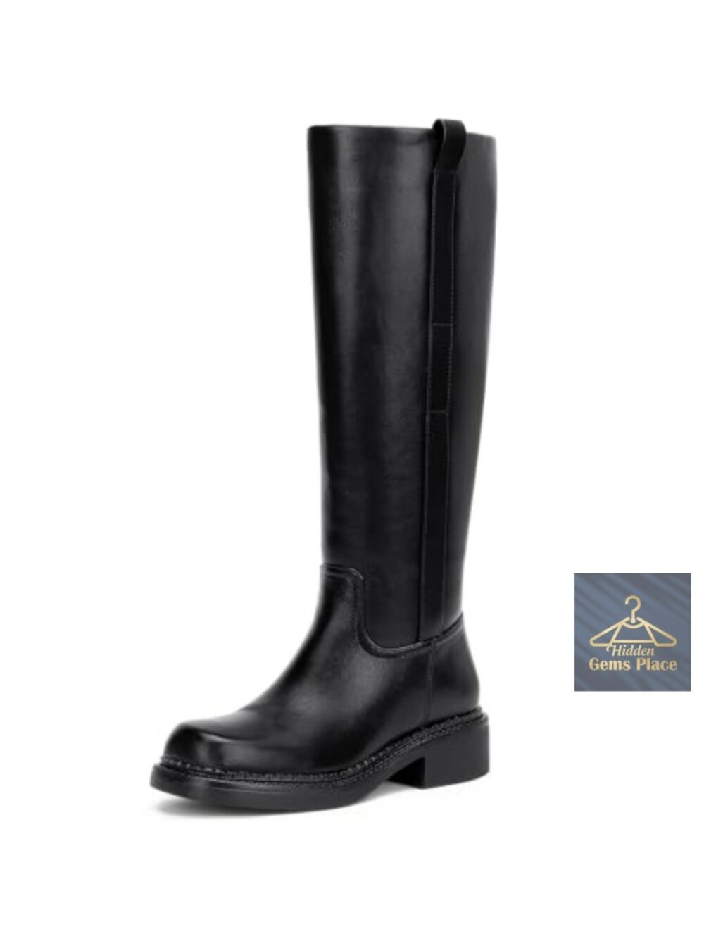 Women's Knee High Boots Faux Leather Square Toe Chunky Low Heel Side Zip